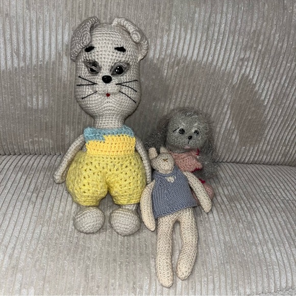 Vintage crochet knit plush stuffed animal lot cat bunny rabbit 9” - 14” handmade - Picture 1 of 8